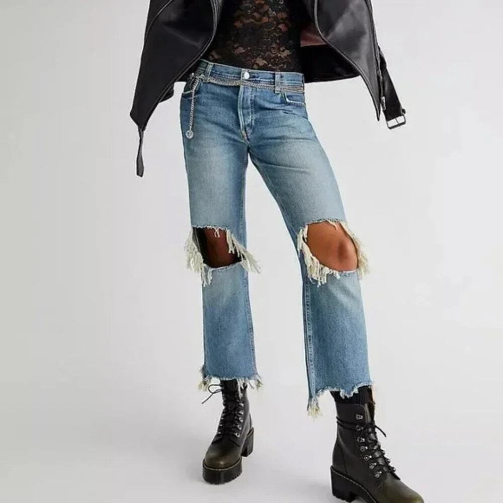 Free People Maggie Mid-rise Straight Leg Jeans Perfectly Distressed Womens Sz. 4